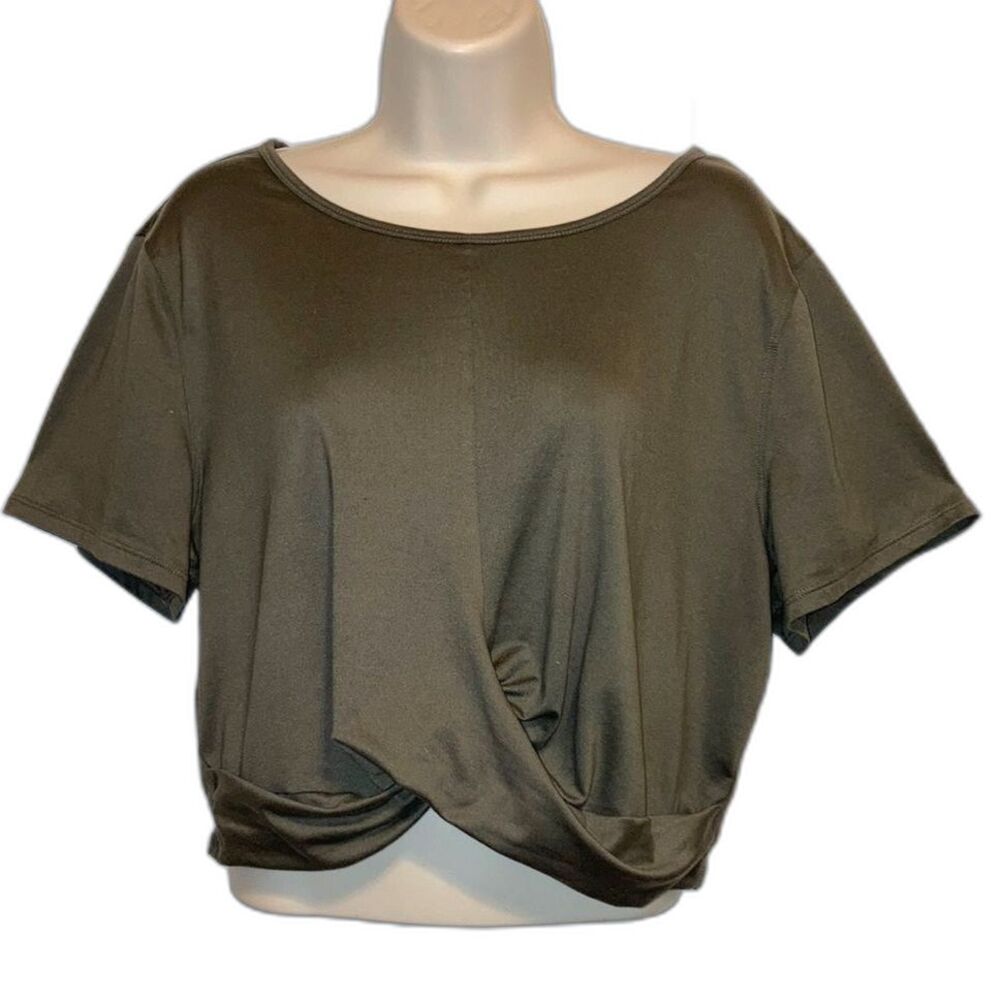 90 DEGREE Crossover Short Sleeve Olive Green Crop Top Womens Large